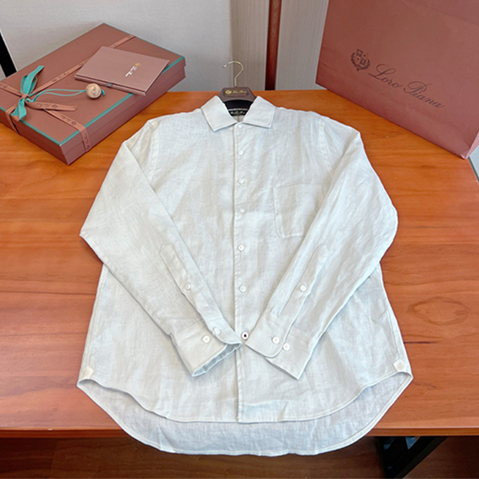 loro piana pure natural linen lapel collar long sleeve front button casual shirt